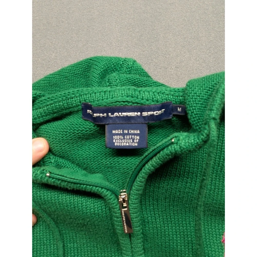 Ralph Lauren Sport Green Cotton Knit Full Zip Hoodie Pink Pony Kids M Women XS